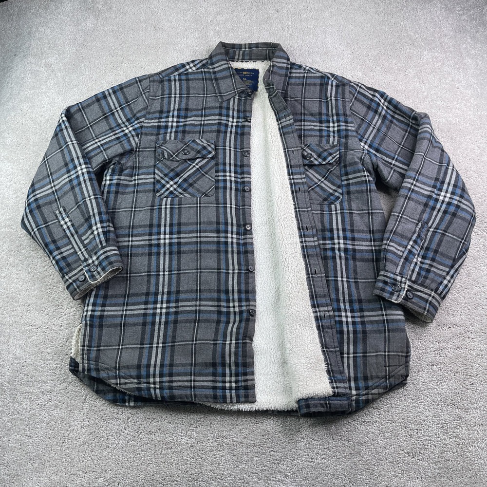 Club Room Shirt Jacket Mens XL Gray Plaid Sherpa Lined Flannel Chore Shacket